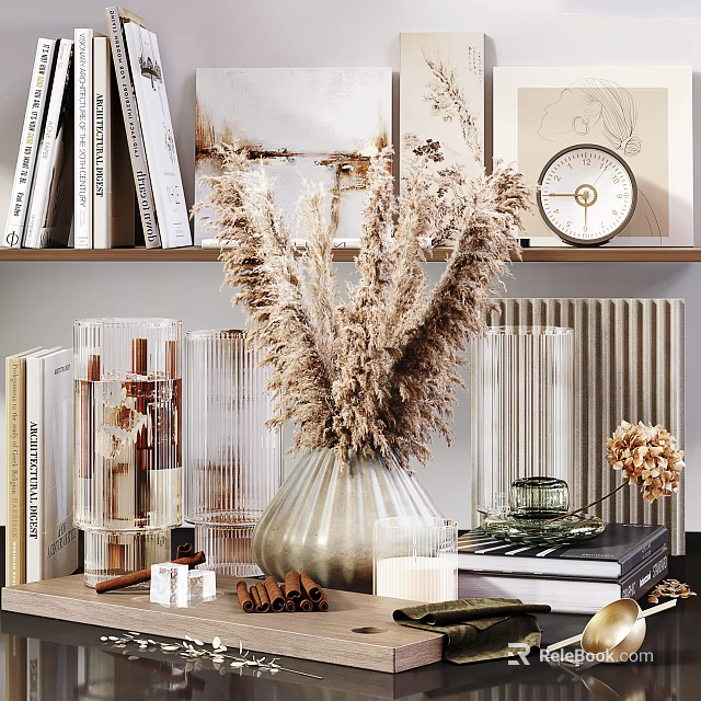 Decorative Ornament Set With Dried Pampas Grass Transparent Glass Vases Stacked Books And Wall Clock 3d model 