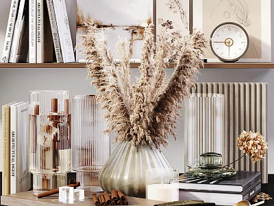 Decorative Ornament Set With Dried Pampas Grass Transparent Glass Vases Stacked Books And Wall Clock 3d model