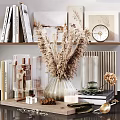 Decorative Ornament Set With Dried Pampas Grass Transparent Glass Vases Stacked Books And Wall Clock