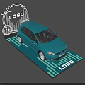 Display Shelf With Blue Car On Striped Platform And Logo Graphics
