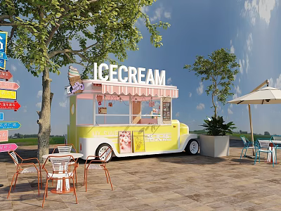 Mobile Ice Cream Business Equipment With Yellow White Canopy Awning And Outdoor Seating Tables Chairs 3d model