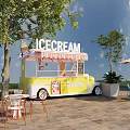 Mobile Ice Cream Business Equipment With Yellow White Canopy Awning And Outdoor Seating Tables Chairs
