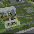 Aerial View Planning of Modern Industrial Zone with Buildings Green Areas and Water Features