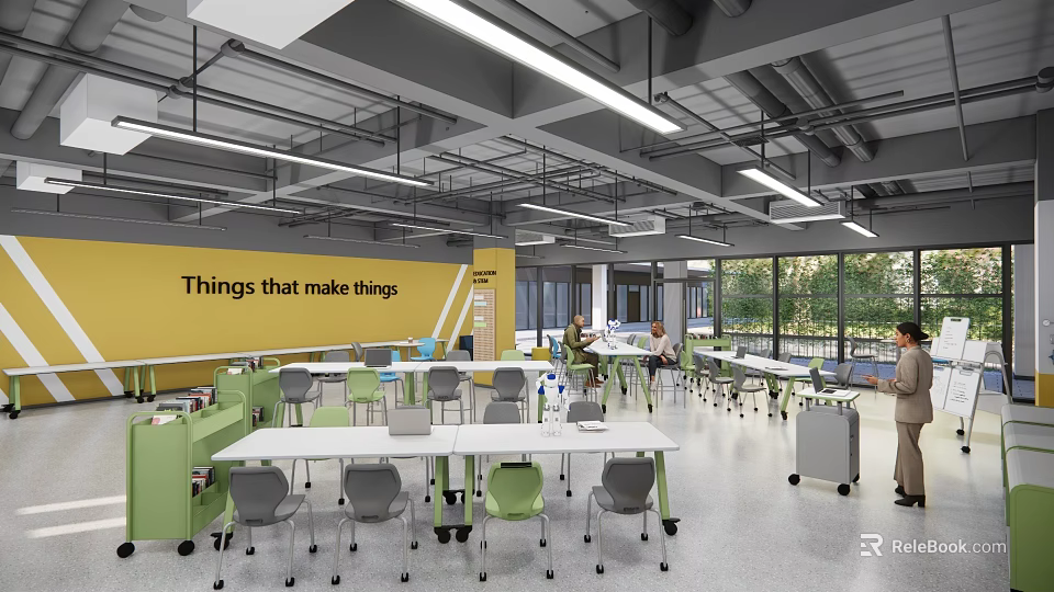 School Modern Learning Classroom With Yellow Wall Green Gray Chairs Tables And Large Windows 3d model 