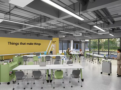 School Modern Learning Classroom With Yellow Wall Green Gray Chairs Tables And Large Windows 3d model