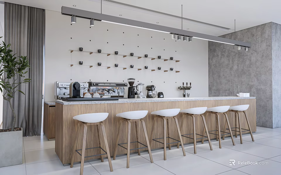 Modern Break Room Interior With Wooden Counter White Stools Coffee Machines Wall Decor And Lighting 3d model 