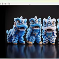 Four Blue Lion Dance Figurines With White Patterns And Decorative Details
