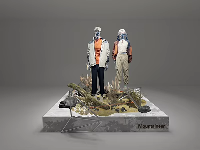 Mountainrise Themed Window Display with Mannequins in Outdoor Outfits and Natural Decor 3d model