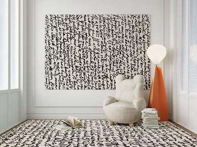 Square Patterned Rug In Living Room With Art And Chair 3d model