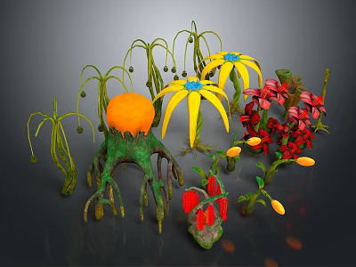 Cartoon Scene With Colorful Plants Yellow Flowers Orange Fruits Red Blossoms And Green Roots 3d model