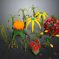 Cartoon Scene With Colorful Plants Yellow Flowers Orange Fruits Red Blossoms And Green Roots
