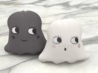 Cute Gray And White Ghost Shaped Soft Pillows With Adorable Facial Expressions On Marble Surface 3d model