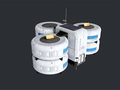 White Cylindrical Industrial Equipment With Blue Stripes Yellow Top Blocks And Antenna Structure 3d model