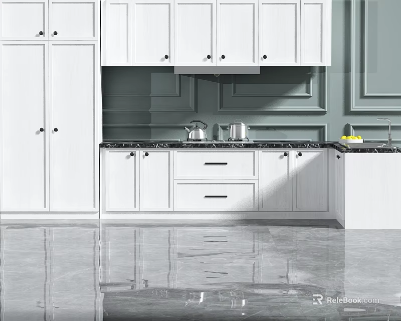 Modern Kitchen Interior With White Cabinets Gray Wall Countertop Kettle Pot And Smooth Floor 3d model 