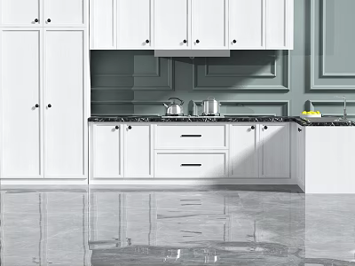 Modern Kitchen Interior With White Cabinets Gray Wall Countertop Kettle Pot And Smooth Floor 3d model