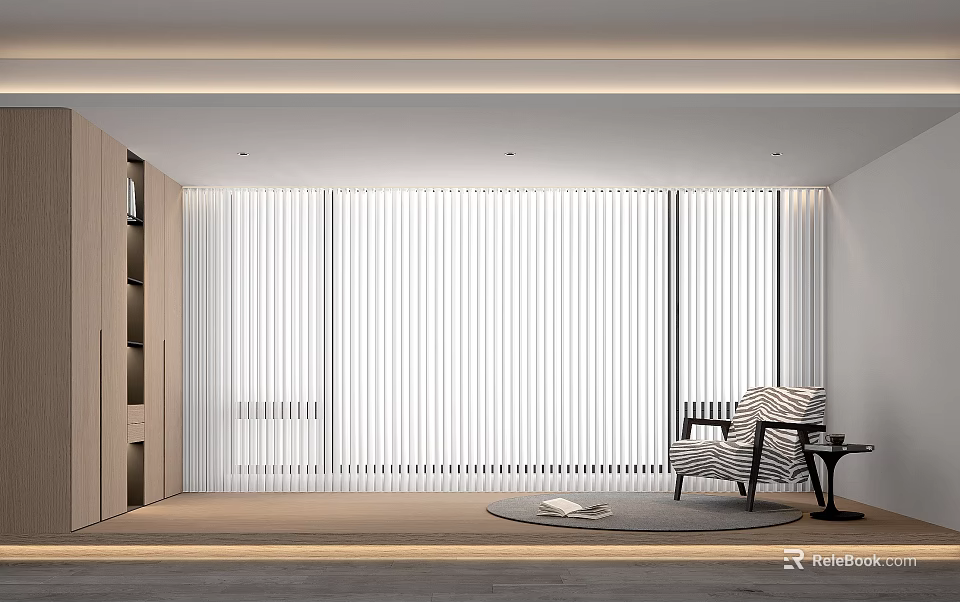 White Vertical Blinds In Modern Living Room With Beige Flooring Accent Chair And Wooden Bookshelf 3d model 