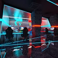 Modern Hotel Public Lounge Interior With Neon Lights Glass Walls And Sofas