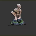 Game Movie Character Sitting On Green Blue Textured Rock Holding Fish Like Object