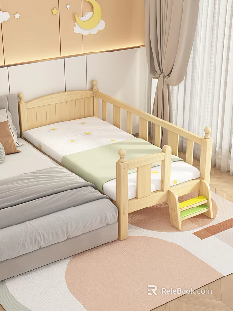 Wooden Children's Bed With Safety Rails White Mattress Yellow Patterns And Step Stool 3d model 
