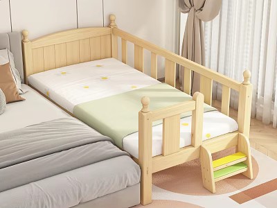 Wooden Children's Bed With Safety Rails White Mattress Yellow Patterns And Step Stool 3d model