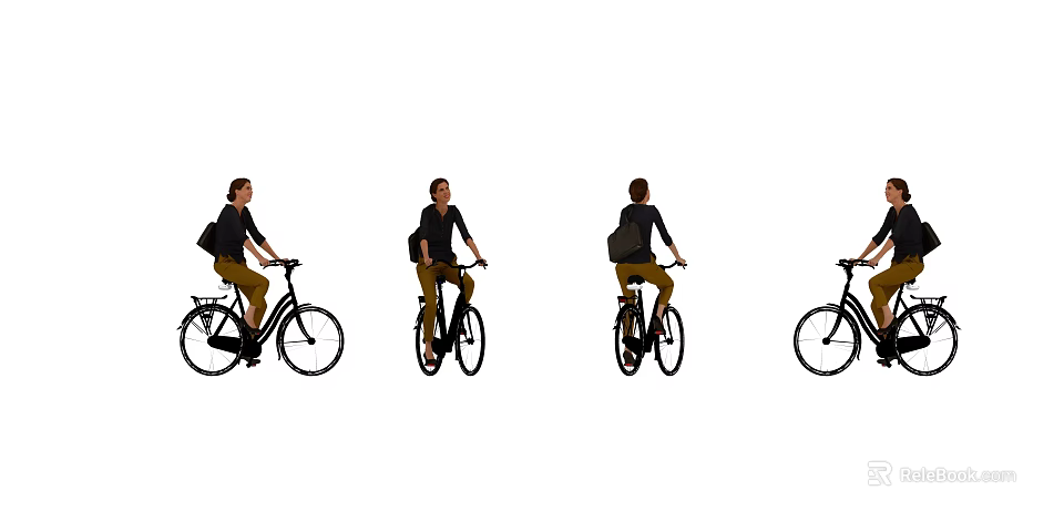 Woman Riding Bicycle Shown From Four Different Angles In Sequence 3d model 