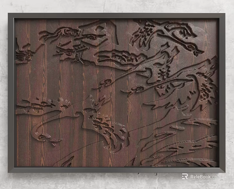 Artistic Wooden Carved Background Wall With Natural Vines And Black Frame 3d model 