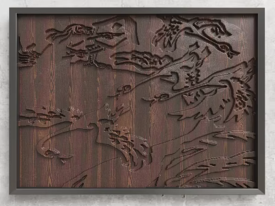 Artistic Wooden Carved Background Wall With Natural Vines And Black Frame 3d model