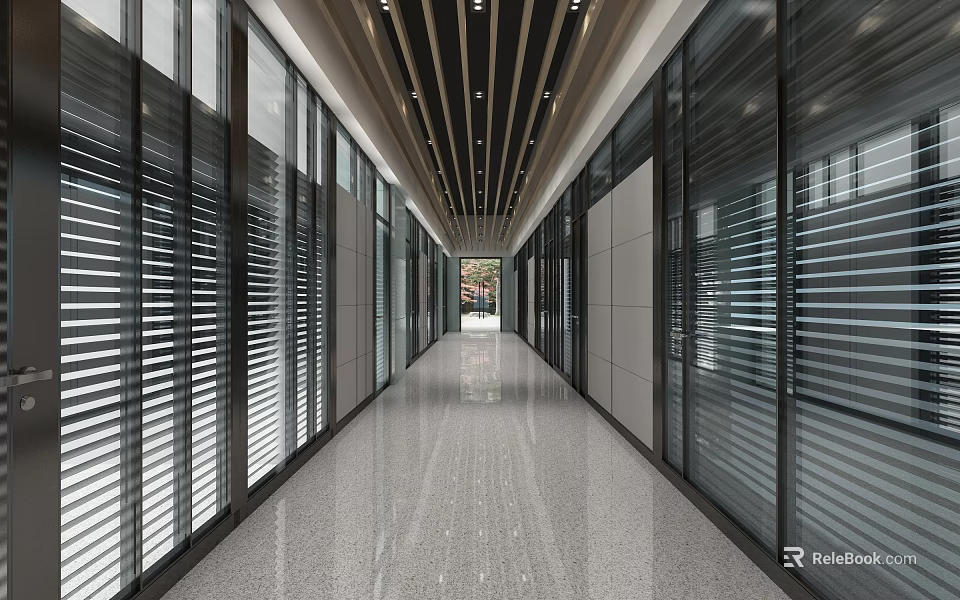 Modern Office Corridor With Glass Partitions Blinds And Polished Floor Ceiling Lights 3d model 