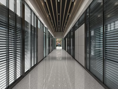 Modern Office Corridor With Glass Partitions Blinds And Polished Floor Ceiling Lights 3d model