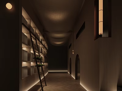 Modern Minimalist SPA Sauna Corridor With Lit Shelves Green Plants And Curved Ceiling 3d model