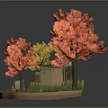 Cartoon Autumn Scene with Red and Yellow Trees Small House Path and Flower Bed