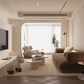 Modern Living Room With Beige Sofa White Coffee Tables Floor Lamp Green Plant Herringbone Floor