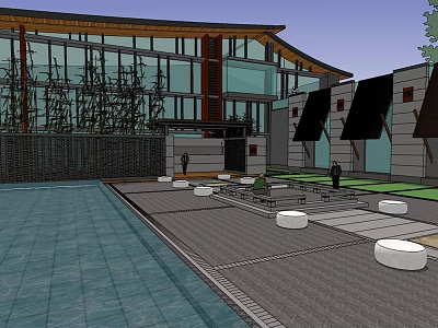 Modern Office Building With Glass Curtain Walls And Outdoor Plaza Seating Areas 3d model