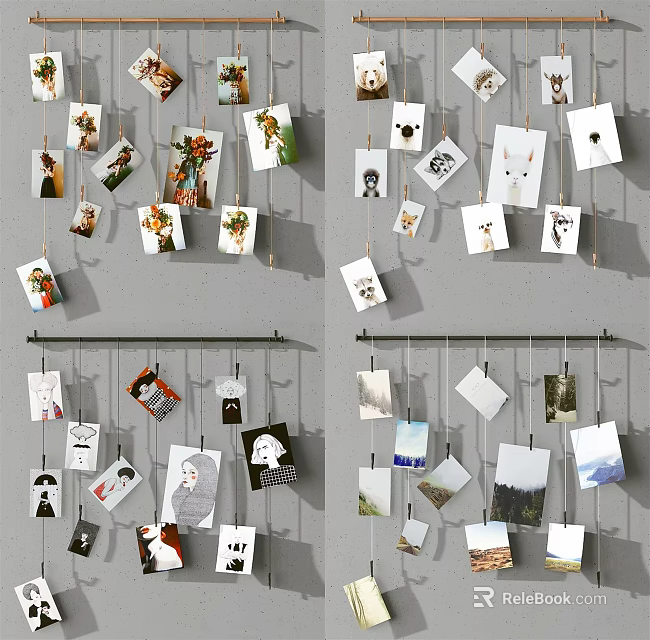 Creative Photo Wall Display With Hanging Photos Clips On String And Various 3d model