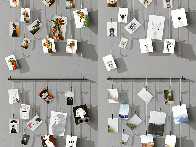 Creative Photo Wall Display With Hanging Photos Clips On String And Various 3d model