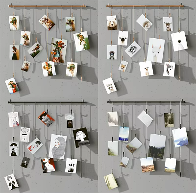 Creative Photo Wall Display With Hanging Photos Clips On String And Various 3d model