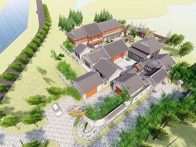 Ancient Chinese Architecture Complex With Traditional Roof Tiles Courtyard Stone Pathway And Surrounding Greenery Water Area 3d model