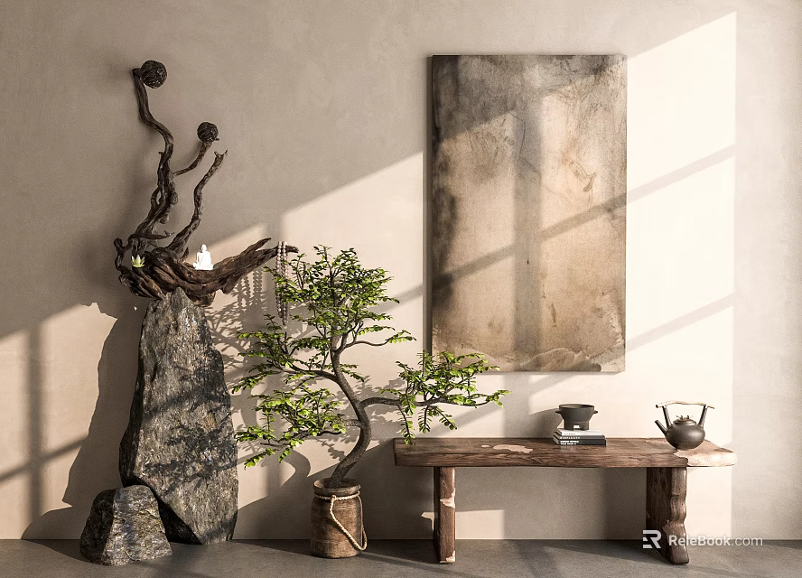 Natural Style Indoor Wooden Storage Shelf With Potted Plant Stone Ornament And Decorative Painting 3d model 