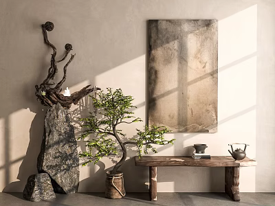 Natural Style Indoor Wooden Storage Shelf With Potted Plant Stone Ornament And Decorative Painting 3d model