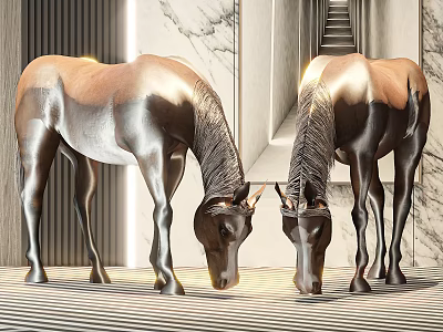 Elegant Metallic Horse Sculptures In Modern Interior With Marble Walls And Staircase 3d model