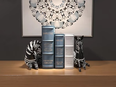 Decorative Books in Blue Silver with Zebra Figurines and Wall Art on Wooden Surface 3d model