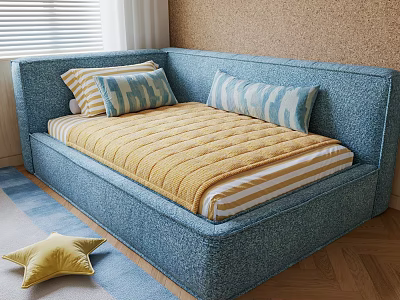 Blue Kids Bed Featuring Yellow Striped Mattress Blue White Striped Pillows And Yellow Star Cushion 3d model
