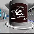 Red Themed Exhibition Space With Party Emblem And Modern Display Cabinets Showcase
