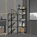 Black Metal Multi Tiered Shelving Units Holding Towels Bottles in Gray Tile Bathroom with Window