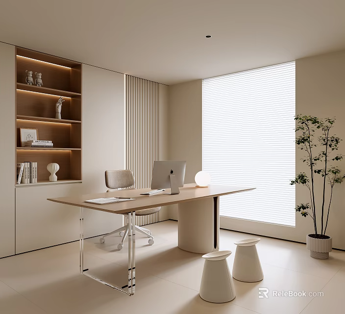 Modern Home Office Interior Design With Wooden Desk Laptop Chair Bookshelf Blinds And Plant 3d model 