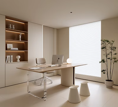 Modern Home Office Interior Design With Wooden Desk Laptop Chair Bookshelf Blinds And Plant 3d model