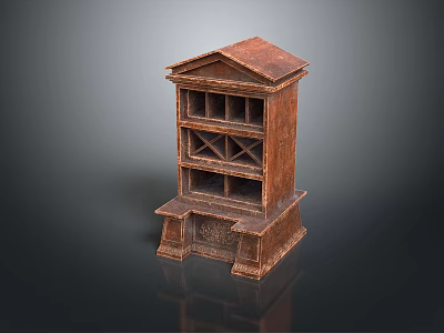 Antique Style Wooden Multi Tiered Brown Shelf With Compartments And Carved Base Design 3d model