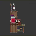 Laboratory Workbench Setup with Wooden Shelves Purple Hanging Items and Scientific Equipment