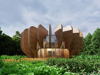 Lotus Shaped Wooden Architectural Structure Surrounded By Green Plants And Trees 3d model