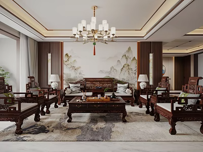 New Chinese Style Living Dining Room With Rosewood Furniture Landscape Painting And Chandelier 3d model